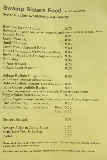 Swamp Sisters Menu 2014