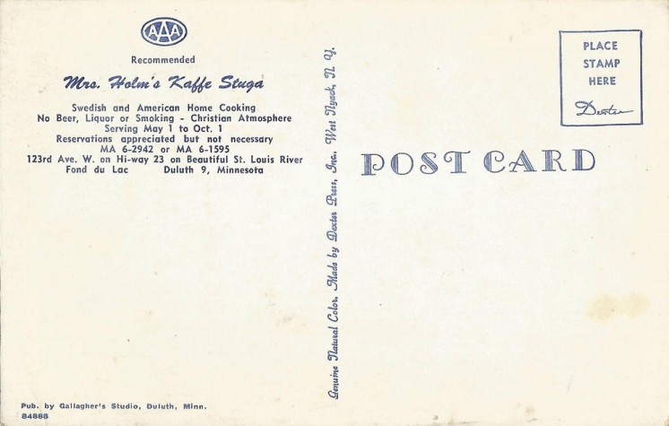Holm's Kaffe Duluth Postcard Back