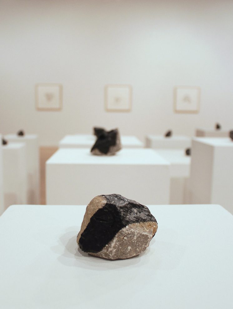 Throwing Stones, 2012. Sculptural installation. Stones & rubber coating. Installation on 32 pedestals with accompanying audio soundtrack from stone throwing performance. Each of these stones were individually selected for their size and weight and then modified with tool dip rubber to create a gripping location for my hand. This hand grip creates a graphic design on the stone as well as a place to hold the stone while throwing.