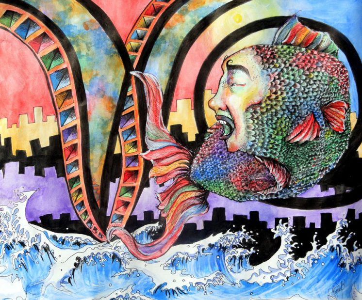 Title: Lord of Fish Media: Watercolors Size: 16x20 Notes: Featured in the AICHO 2016 Calendar.
