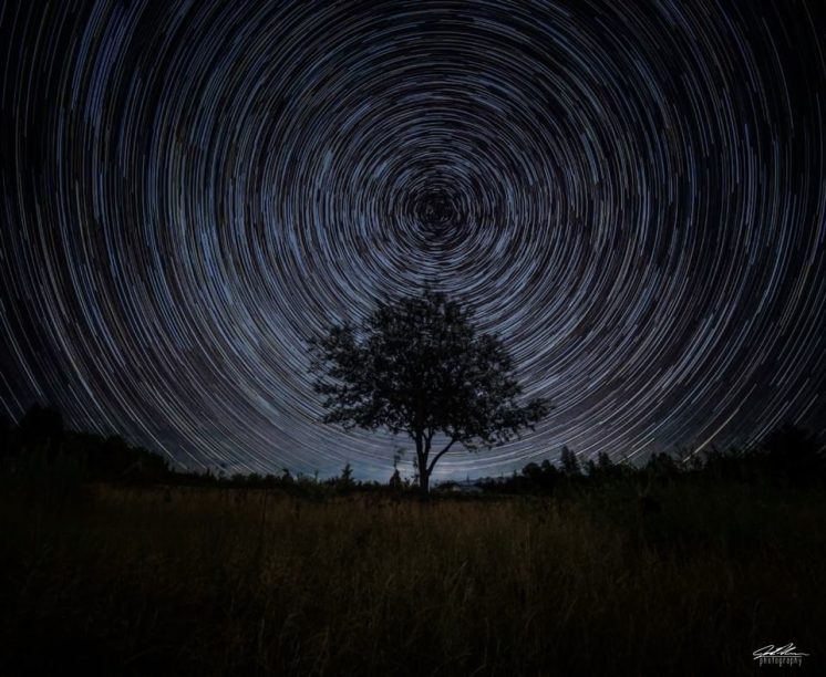 McQuade - A lonely tree sitting in a field, found on Duluth's McQuade Road. 80 individual images stacked on top of eachother, producing the "trails" effect you seen in the sky. 