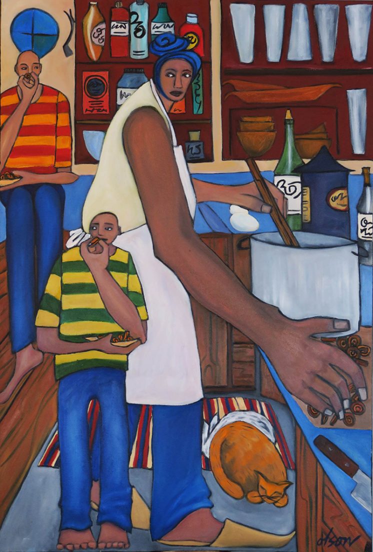 "Cooking Stew with Carrots" oil on canvas 24" x 36"