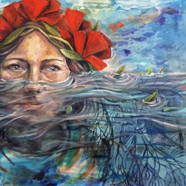She Wears Poppies in Her Hair Oil Acrylic, and Graphite on Canvas 2016. On View at the Tweed Museum of Art.