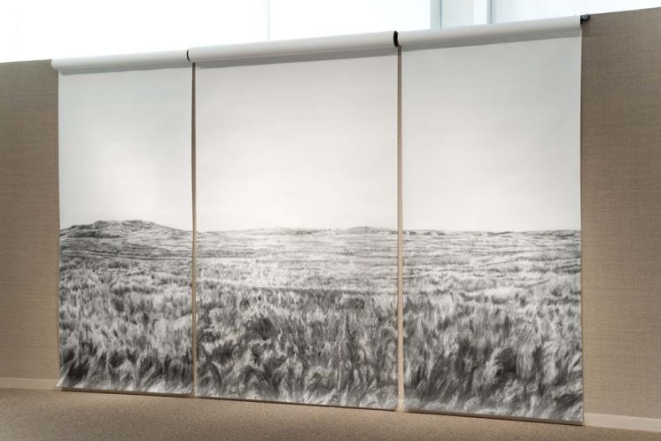 Sage Creek Rim Road, Graphite Drawing, L&R panel: 5 ft w x 11 ft h, Center panel: 7 ft w x 11 ft h