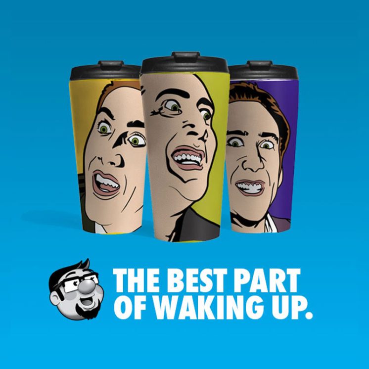 Nictenstein travel mugs I illustrated some of Nic Cage's more animated faces in Lichtenstein's pop-art style to make myself laugh. Now I put them on as many products as possible because it's even more ridiculous as a shower curtain. :)