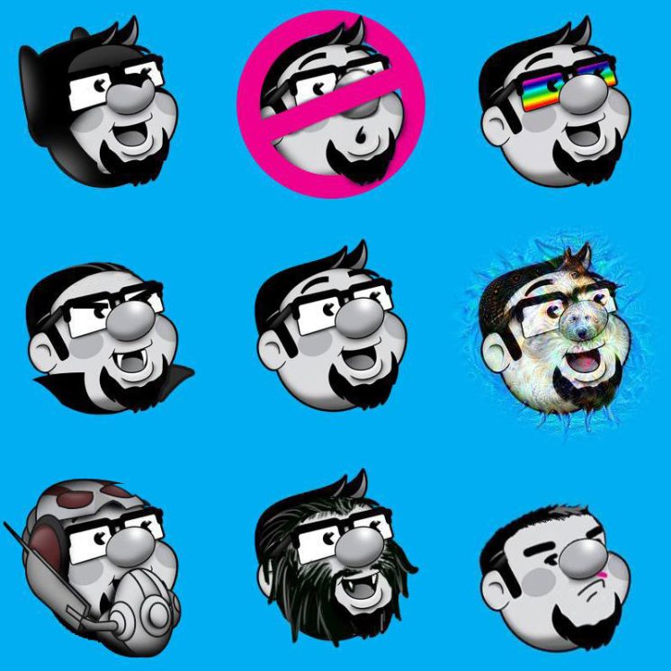 Dann Designs logo(s) After many failed logos, I finally landed on my cyan/black and white cartoon head combo. I've liked it as a "living" logo that I get to dress up, mess with and destroy as I see fit.
