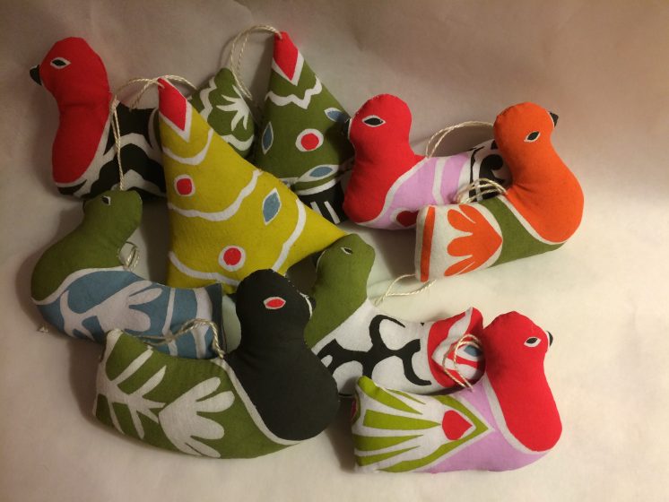 A few ornaments, hand stenciled