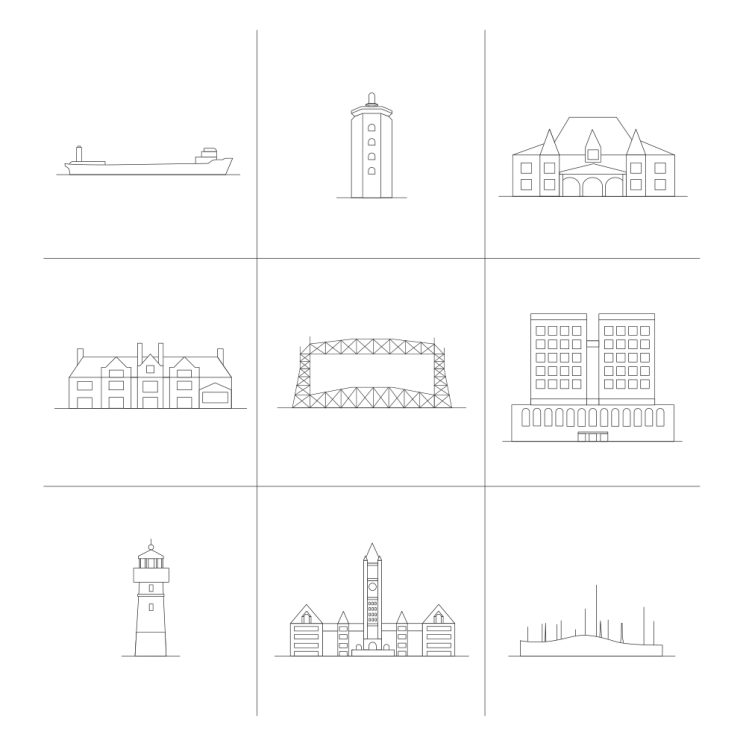 Minimalistic icons that represent popular landmarks in Duluth. This was made for the Duluth Art Institute’s Design DLH Pop-Up Shop & Exhibit. Can you figure out what they are?