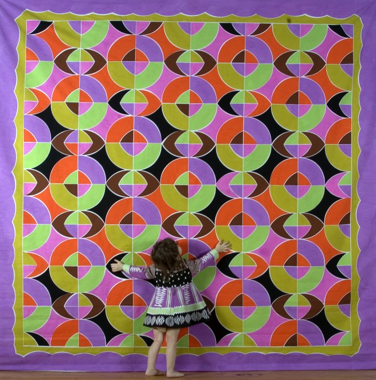 Forestasia at two, king size quilt, stenciled and little dress